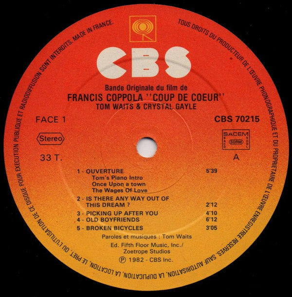 Tom Waits & Crystal Gayle : Coup De Cœur (Bande Originale Du Film De Francis Ford Coppola) (LP, Album)