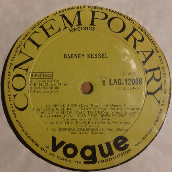Barney Kessel : Kessel Plays Standards. Barney Kessel, Vol. 2 (LP, Album, Mono)