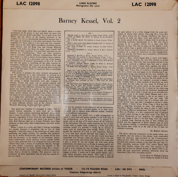 Barney Kessel : Kessel Plays Standards. Barney Kessel, Vol. 2 (LP, Album, Mono)