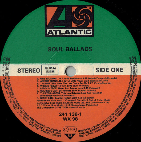 Various : Atlantic Soul Ballads (LP, Album, Comp)